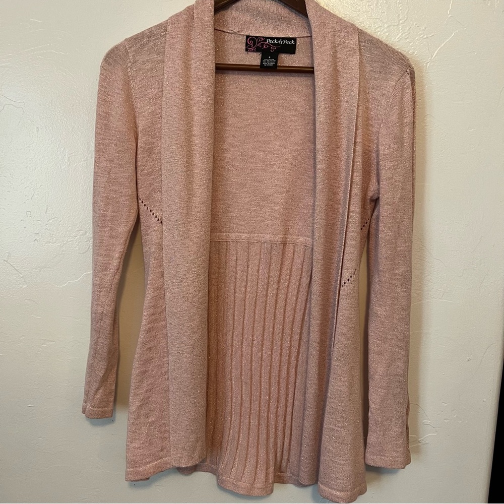 Peck & Peck Soft Pink Shimmer Open Front Cardigan Size Small festive cottagecore